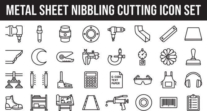 Metal sheet nibbling and industrial cutting tool icon set featuring manufacturing equipment and safety gear vector illustration