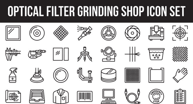 Optical filter grinding shop icon set featuring manufacturing tools, precision measurement equipment, and laboratory safety gear vectors