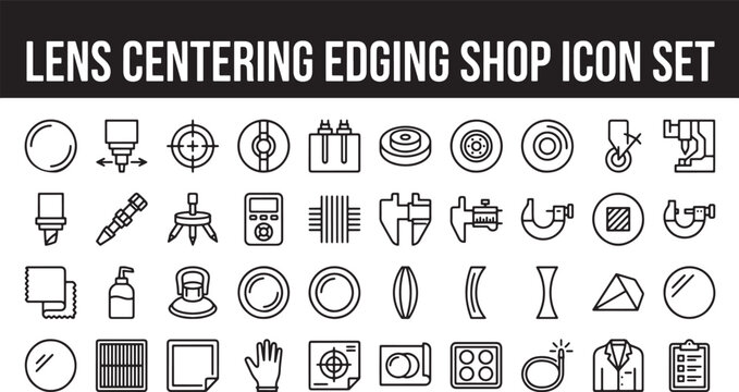 Optical lens centering and edging workshop icon set featuring precision tools for eyewear manufacturing and laboratory equipment