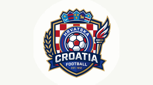 Dynamic sports emblem featuring a soccer ball with a distinct checker pattern, framed by a laurel wreath, a crown, and a torch, representing athletic triumph