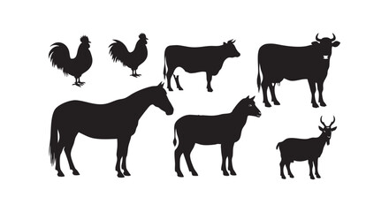 Fototapeta premium Farm animal silhouettes collection featuring chickens, cows, horse, sheep and goat.