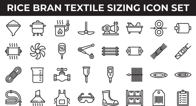 Rice bran textile sizing process icon set featuring industrial manufacturing equipment and laboratory testing tools vector illustration