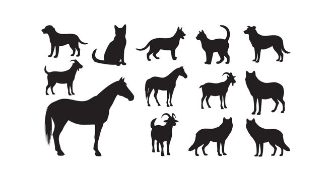 Farm animals and pets silhouette collection dog cat horse goat wolf.
