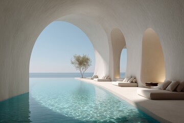 Obraz premium Serene archway design frames a luxurious poolside lounge with panoramic ocean views, offering a tranquil escape.