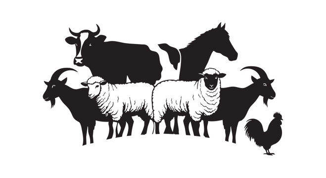 Farm livestock animals group silhouette including cow horse goat sheep and rooster for agriculture and ranching concept.