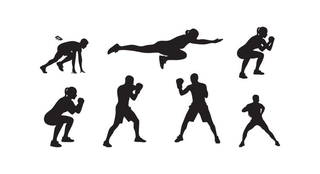 Fitness and exercise silhouette set showing athletes performing squats lunges boxing and starting sprints for sports use.