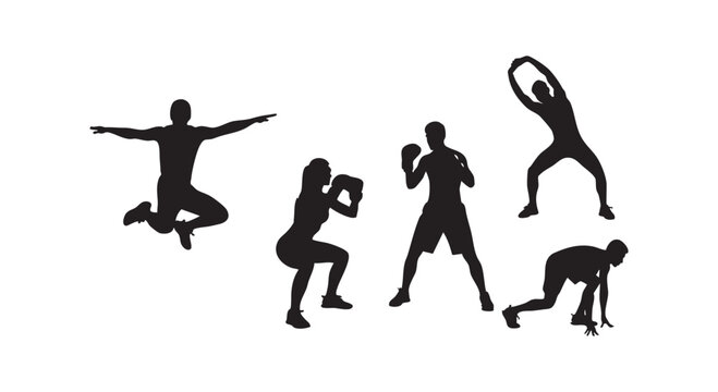 Fitness and gym training silhouettes set featuring jumping squatting boxing stretching and starting block positions.