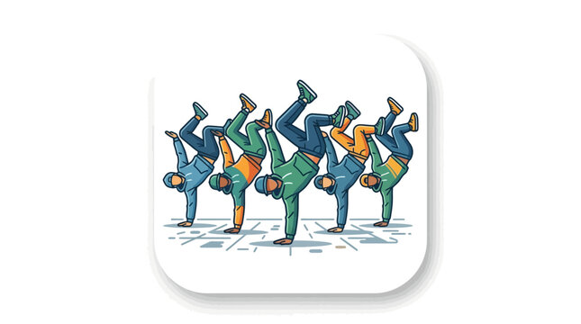 A group of breakdancers performing synchronized handstand freezes in a dynamic illustration.
