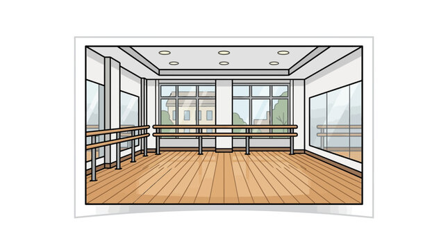 An empty dance studio featuring wooden floors and ballet barres.