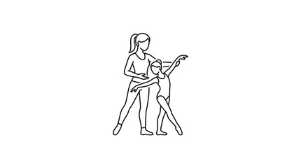 Fototapeta premium A line art illustration of a dance instructor teaching a young girl ballet.