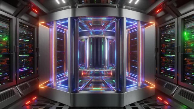Glowing high tech server room motion video featuring central glass core and flashing neon data lights
