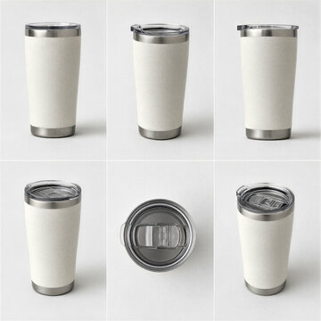 Blank white stainless steel travel tumbler with clear lid shown from multiple angles in a clean 2x3 product grid on gray background.