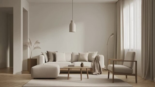 Modern minimalist living room with neutral tones and natural light