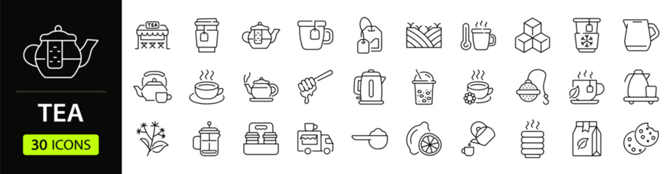 Tea Web Icon Set in Linear Style. Collection of tea shop line icons, including cups, teapots, leaves, kettles, mugs, and herbal brewing elements, tea bag, green tea, matcha and more. Editable stroke