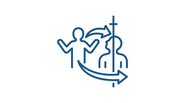 Line art icon showing a person transforming or shifting perspective with directional arrows.