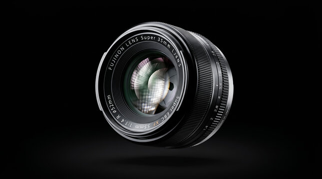 Professional fujinon prime camera lens with silver metallic accents floating against a deep dark black background showcasing high precision optics and technical manufacturing quality for modern digita