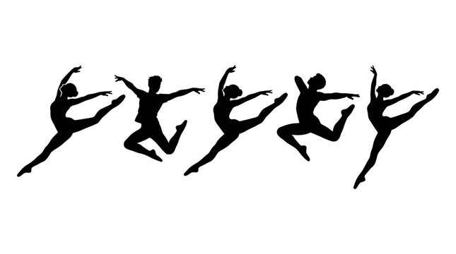 A collection of five black silhouettes depicting dancers in various dynamic jumping poses.