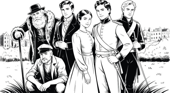 A black and white illustration of a group of people standing in a field