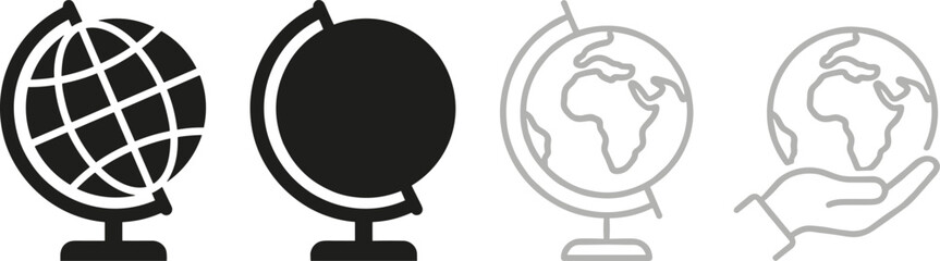 Globe icon set featuring planet earth models on stand and map inside human hand for global business concepts © fulbabu