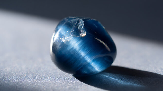 Close-up macro of a dark blue gemstone with a distinct chatoyancy effect, showcasing its unique fibrous structure and reflective sheen