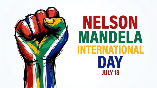 Celebration of Nelson Mandela International Day with colorful fist illustration and vibrant text