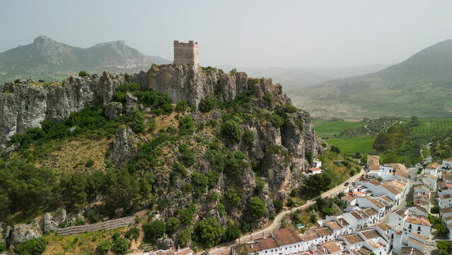 Aerial view of Zahara de la Sierra, Andalusia. Southern Spain