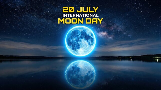 Moon Day Celebration Scene with Bright Full Moon Over Calm Water at Night
