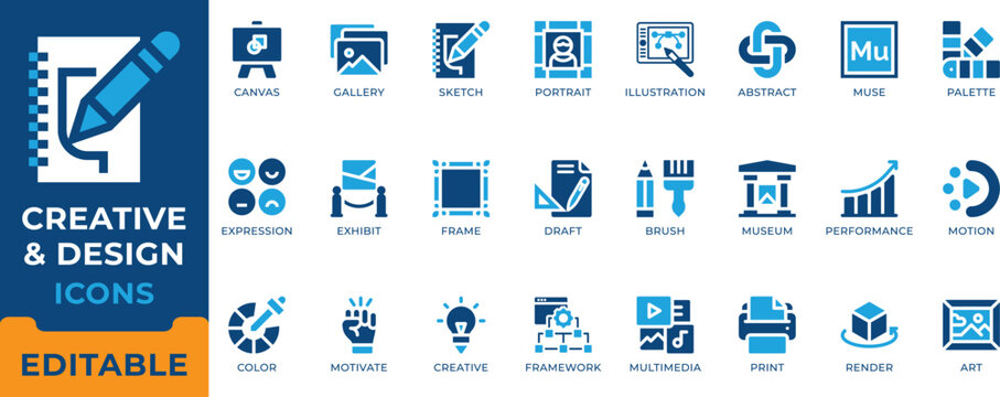 Creative Art Graphic Design Multimedia Illustration Icon Set - editable vectors for digital studio, gallery exhibit, and visual portfolio