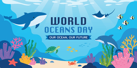 Colorful world oceans day underwater poster © Thitaporn