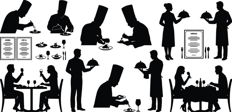 Restaurant staff serving and dining scene vector icons
