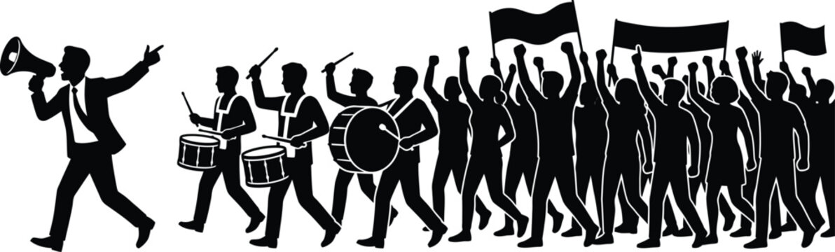 Protest march silhouette leader with megaphone and drumline leading crowd
