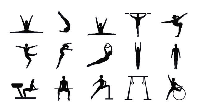 Set of 18 Black Gymnastics and Ballet Silhouette Icons Vector