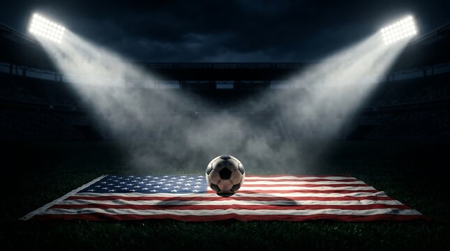 American soccer field with ball and flag under lights