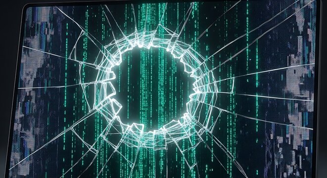 Abstract digital circle with glowing green lines and data matrix pattern in a dark futuristic computer background