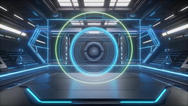 Glowing blue circular hologram spinning in a dark futuristic metallic laboratory animation video motion footage