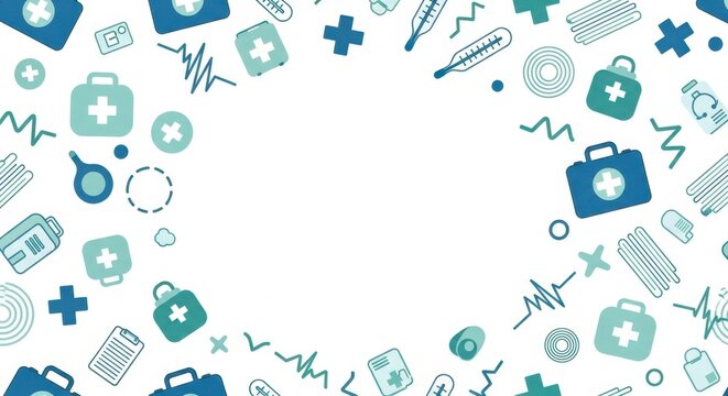 Health care background frame with medical equipment icons like first aid box thermometer.