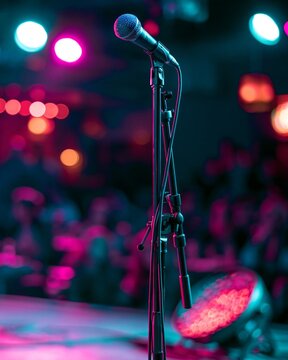 Closemedium shot focusing on the microphone stand and radiant stage monitor bathed in neon teal and magenta hues while the poetry venues lively audience forms a soft colorful blur