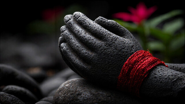 Stone hand sculpture wrapped with red cord under dramatic lighting