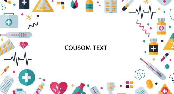 Healthcare icons and abstract elements frame with medical symbols and text space.