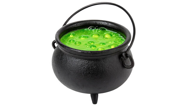 Witches green bubbling cauldron with magic potion isolated on transparent background