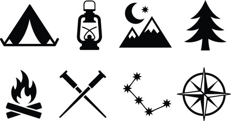 Camping and hiking icons with tent lantern mountain tree fire tools compass and stars © graphicssajib