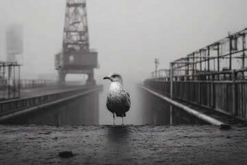 Fototapeta premium A solitary seagull poses on a wet industrial pier, shrouded in thick fog, captured in black and white.