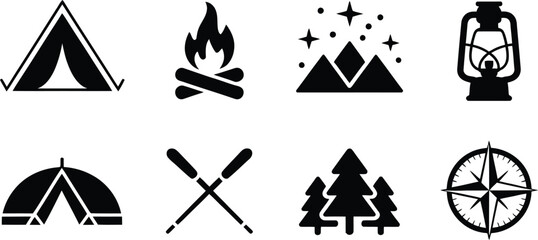 Camping icons set with tent fire trees and compass outdoors © graphicssajib