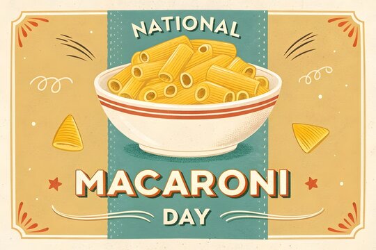 Retro national macaroni day poster featuring a bowl of fresh pasta with vintage typography and textured artistic illustration for culinary celebration events