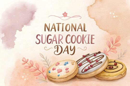 National sugar cookie day celebration banner with hand painted watercolor cookies and soft pastel floral accents on a creamy artistic background for social media