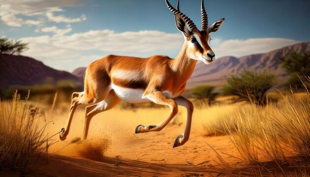 Graceful Springbok Leaping Across the African Savannah Landscape.