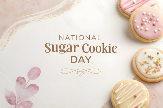 National sugar cookie day social media banner featuring delicious decorated cookies with pastel icing and sprinkles on a soft artistic beige background