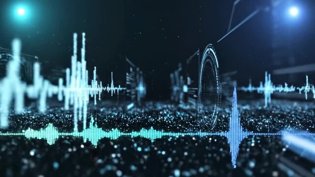Dynamic audio waveforms pulse and fluctuate across a futuristic, digital landscape composed of shimmering particles and glowing technological structures, representing sound waves and digital