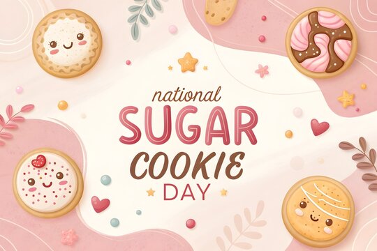 National sugar cookie day greeting card design with cute kawaii cookies sprinkles and hearts on a soft pastel pink abstract background for festive celebrations