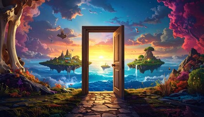 Obraz premium An open wooden door stands on a grassy path leading to a fantastic world of floating islands and a vibrant sunrise over the ocean, perfect as a cinematic digital background.